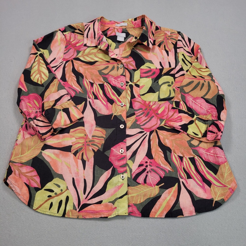 Chico's No-Iron Fresh Chic‎ 100% Linen Tropical Leaf Button Up Shirt 2P Large